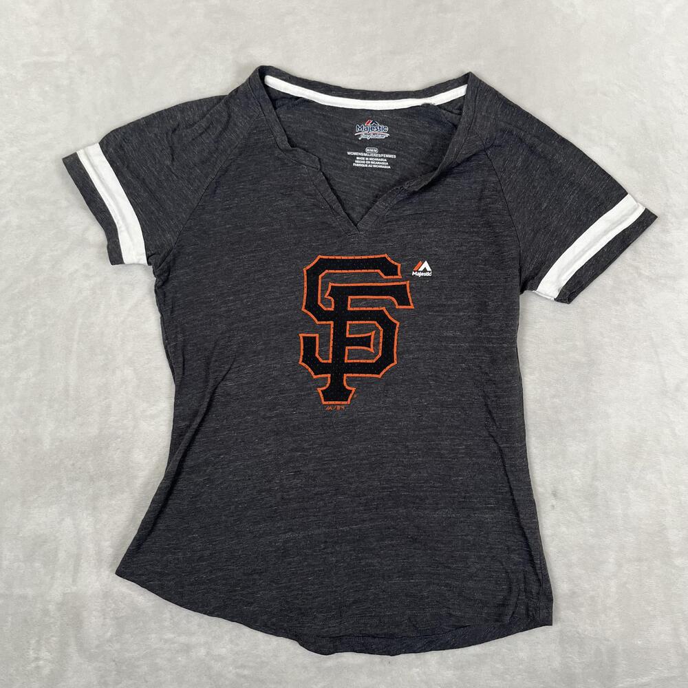 San Francisco Giants Shirt Women's Medium Gray MLB Baseball Majestic V-Neck Tee